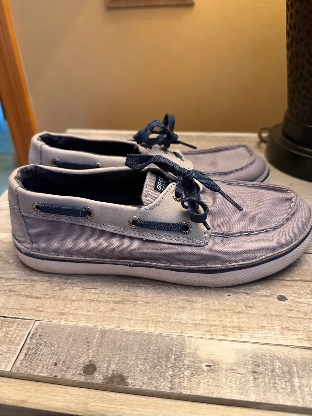 Sperry Lavender Canvas Kids Boat Shoes with Navy Laces